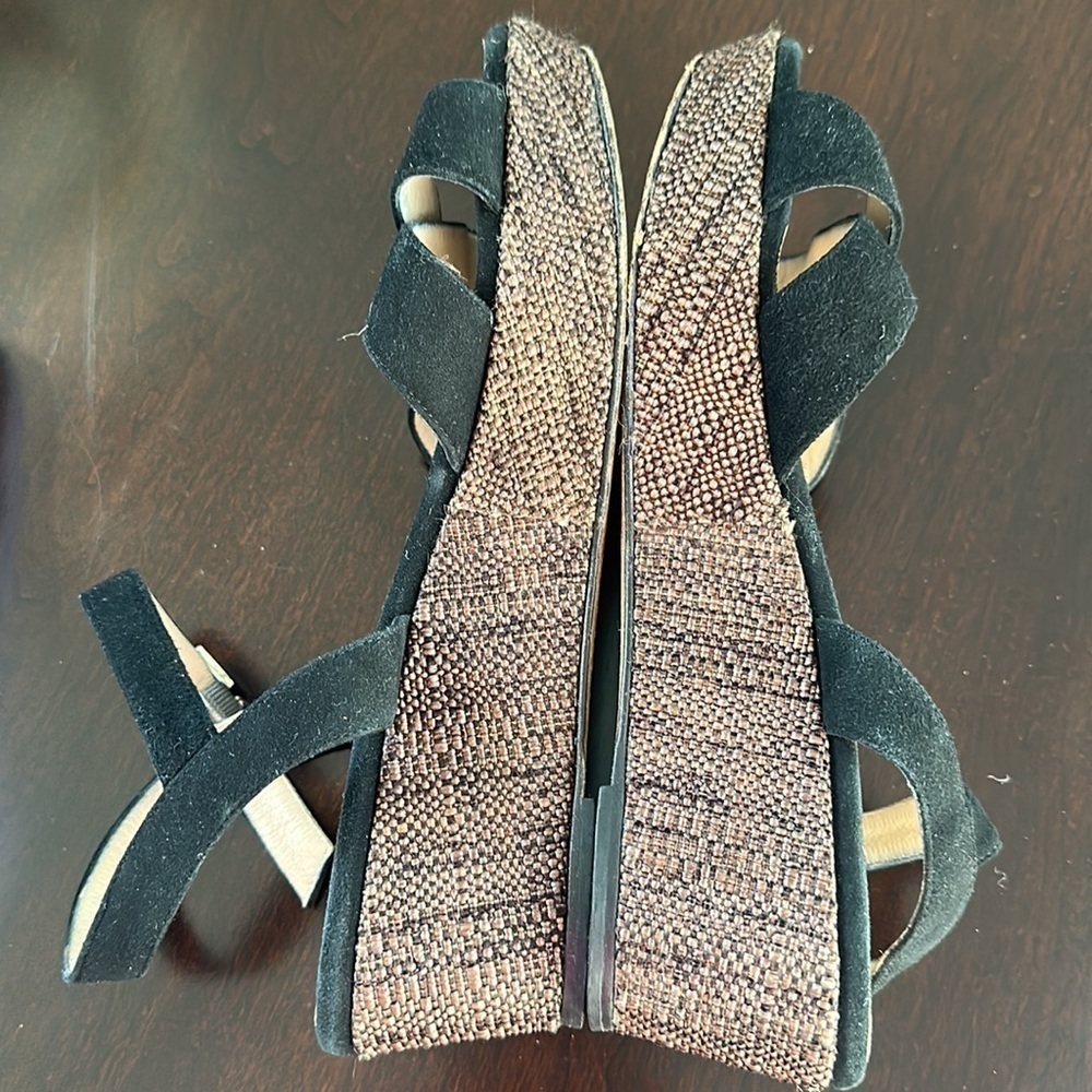 Aquatalia Platform Wedge Sandal Black Suede Woven Heel Sz 8 Quiet Luxury Classic - Picture 9 of 11